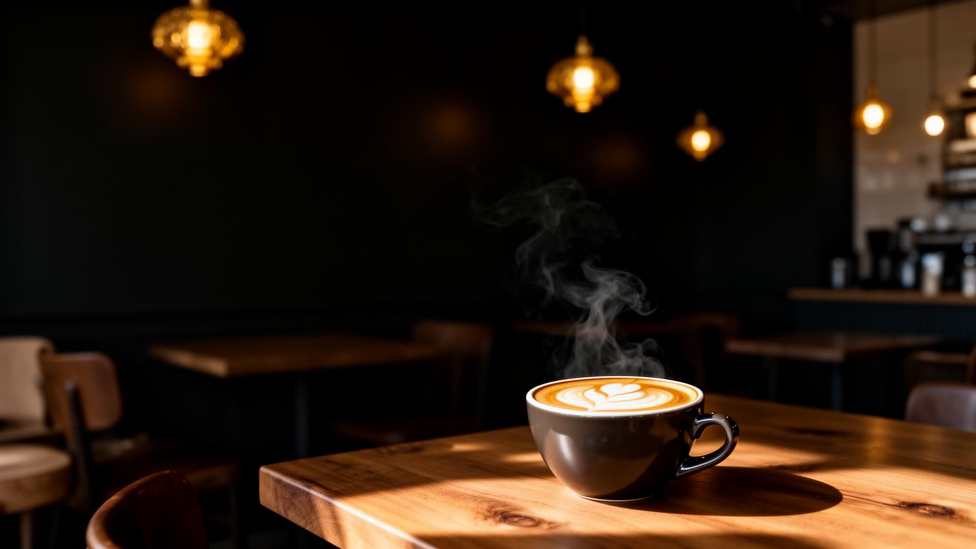 A latte with delicate art on a wooden table inside Nosh Cafe